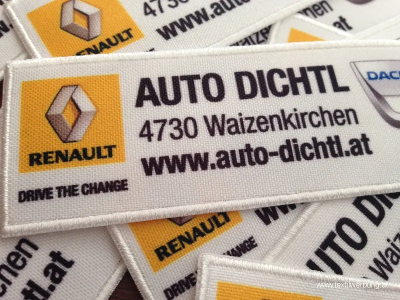 Rechteckige gedruckte Firmenaufnäher mit Logo und Adresse