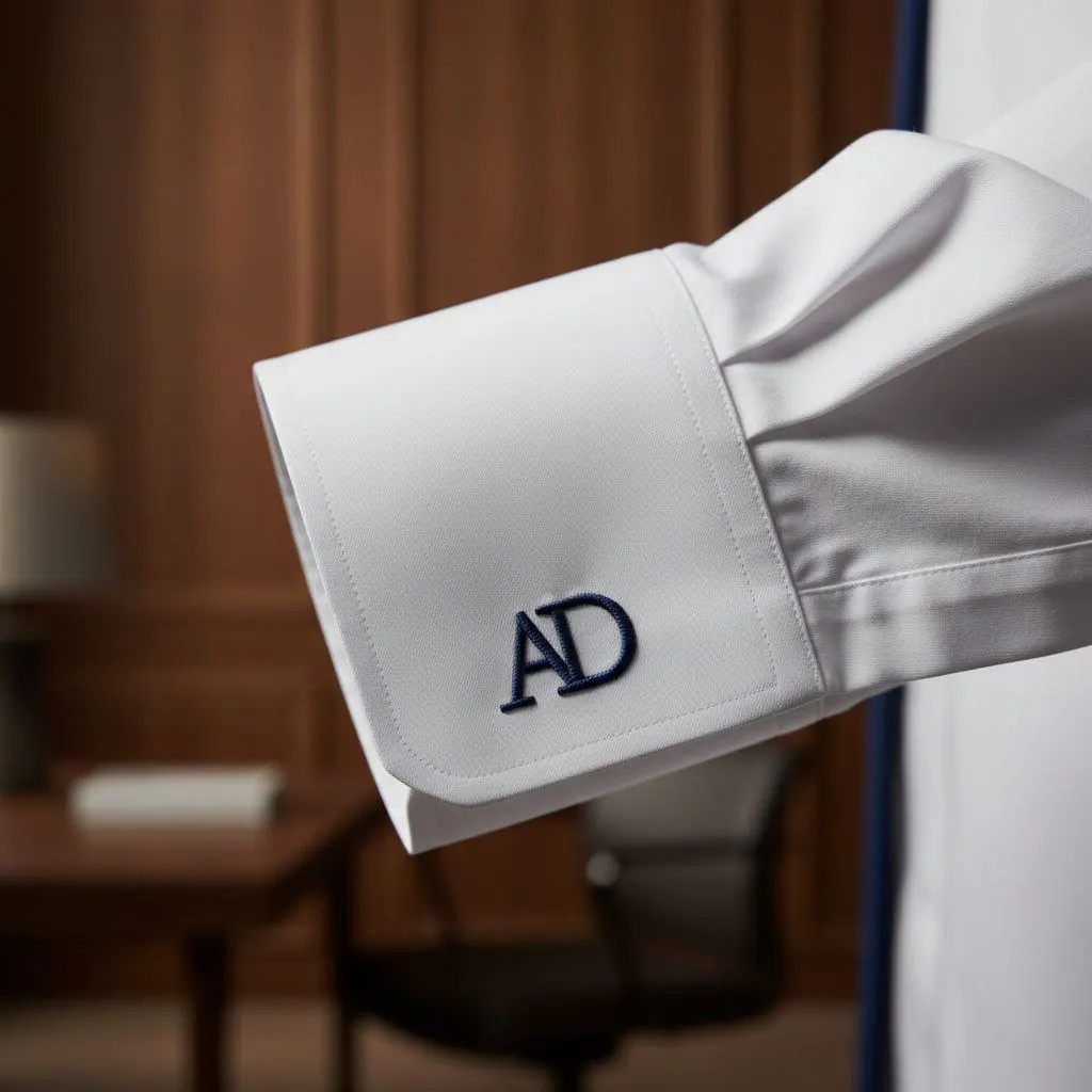 Monogramm-Stickerei AD auf weißer Hemd-Manschette – dunkelblaue Initialen